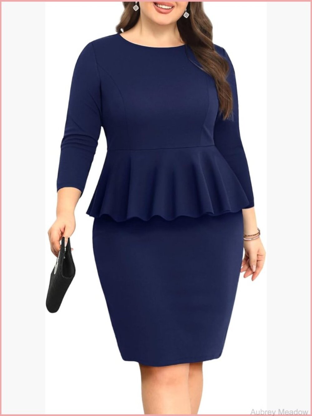 Plus Size Peplum Pencil Dress - Knee Length 3/4 Sleeve - Office Church Work
